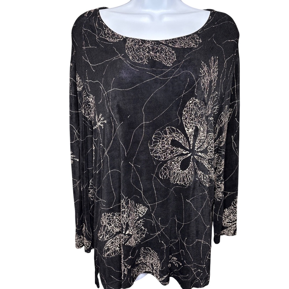 VTG 90s SOFTWEAR by Mark Singer‎ Black Floral Tunic Top XLG Whimsigoth Stretchy